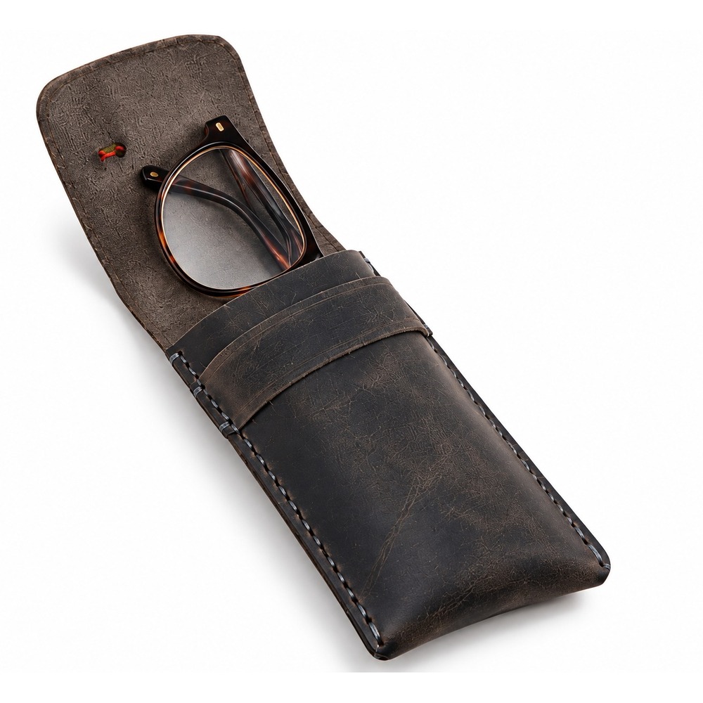 Handmade Leather Eyeglasses Reading Glasses Case Slim 5.5" x 2.5", Gray
